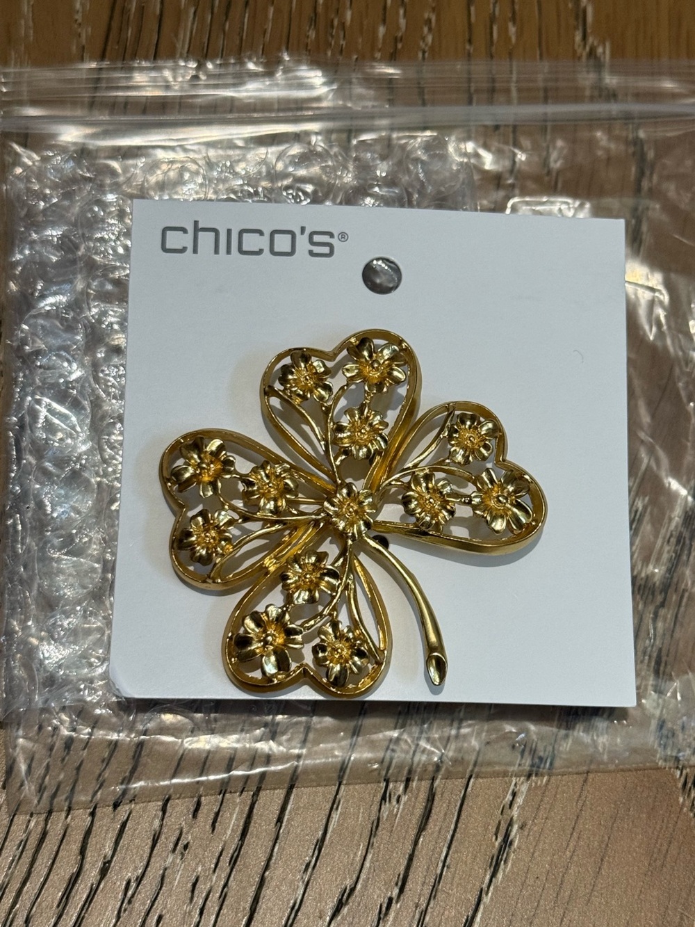Chico's Gold Floral Four-Leaf Clover Brooch NWT*